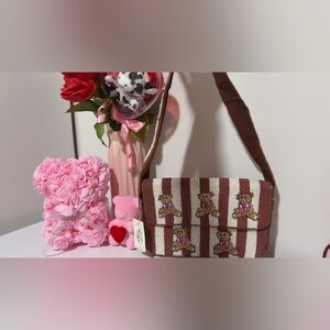 Bear with pink bow beaded shoulder bag NWT